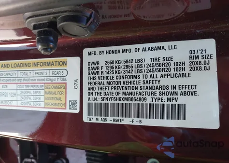 2021 Honda Pilot Awd Touring 7 Passenger from USA, damaged, VIN 5FNYF6H6XMB064809